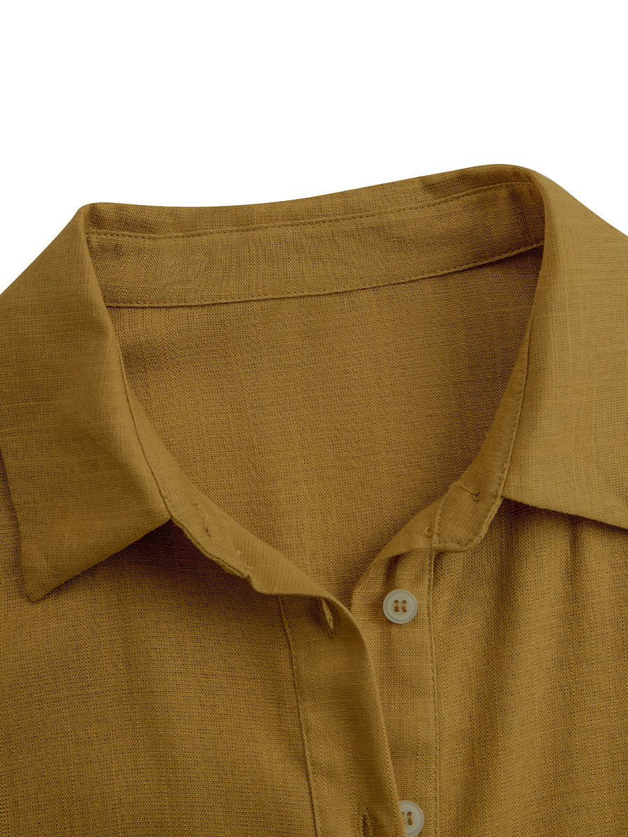 Robes à boutons en lin raffiné pour femmes - Robe mini avec ceinture couleur moutarde MDA1800I6I