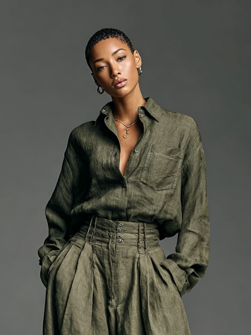 Ensemble double pour femmes en tissu de coton et lin avec un haut long et un pantalon large