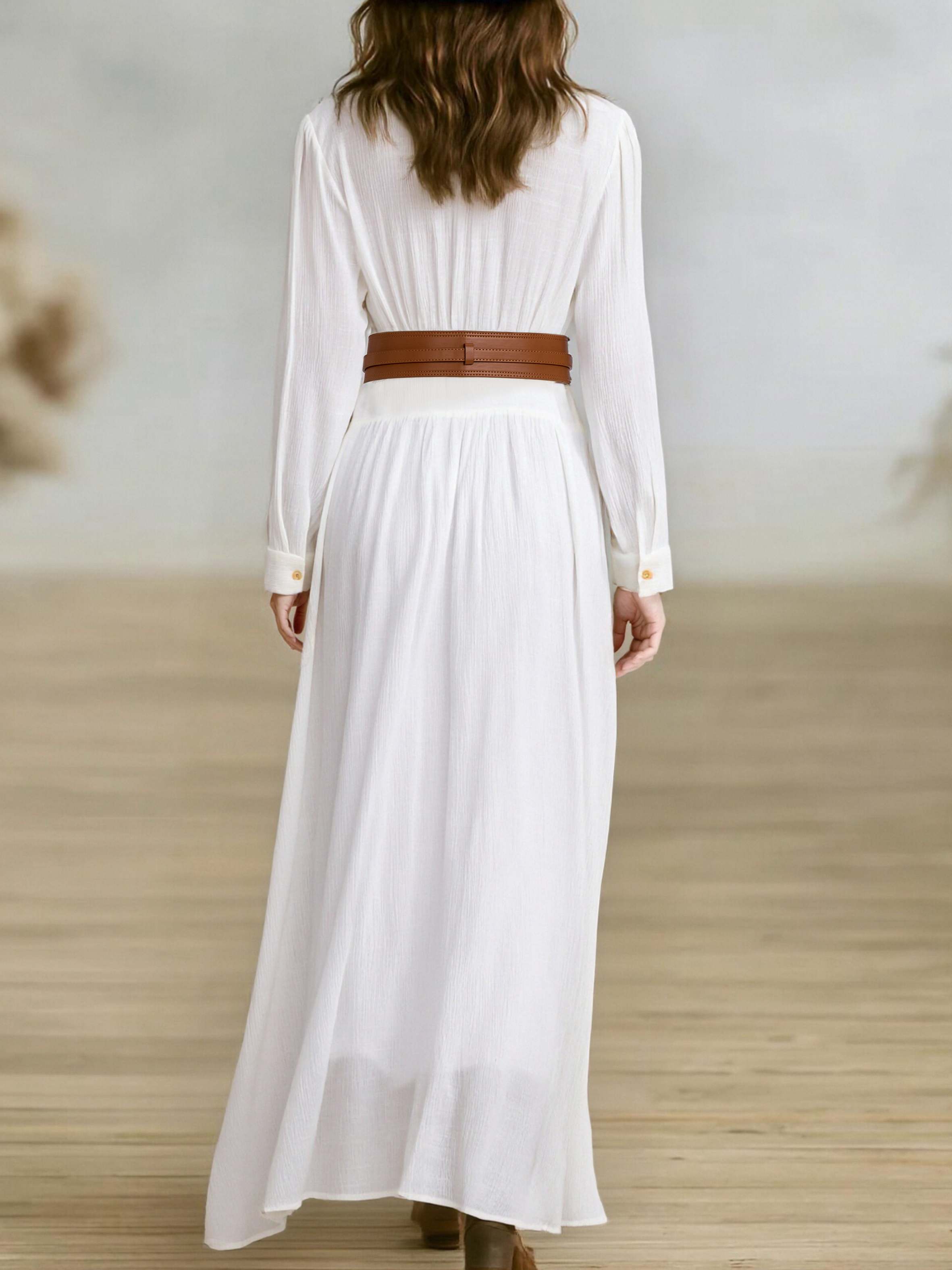 Robes maxi femmes en tissu imitation coton et lin avec poches et manches longues MDA1768I7Y