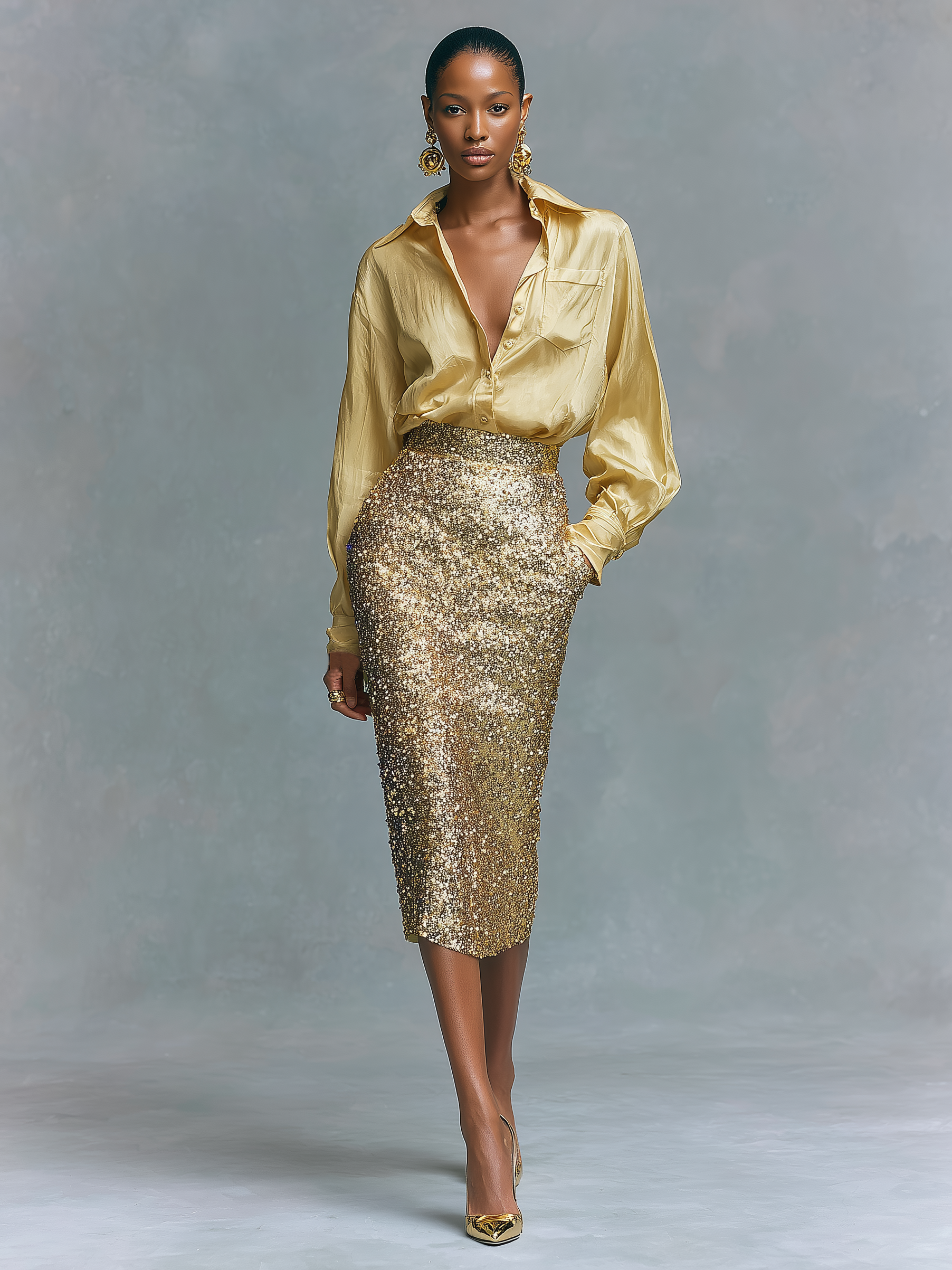 Ensemble de chemise pour femmes à manches longues et jupe crayon avec paillettes MDA2431K6Y
