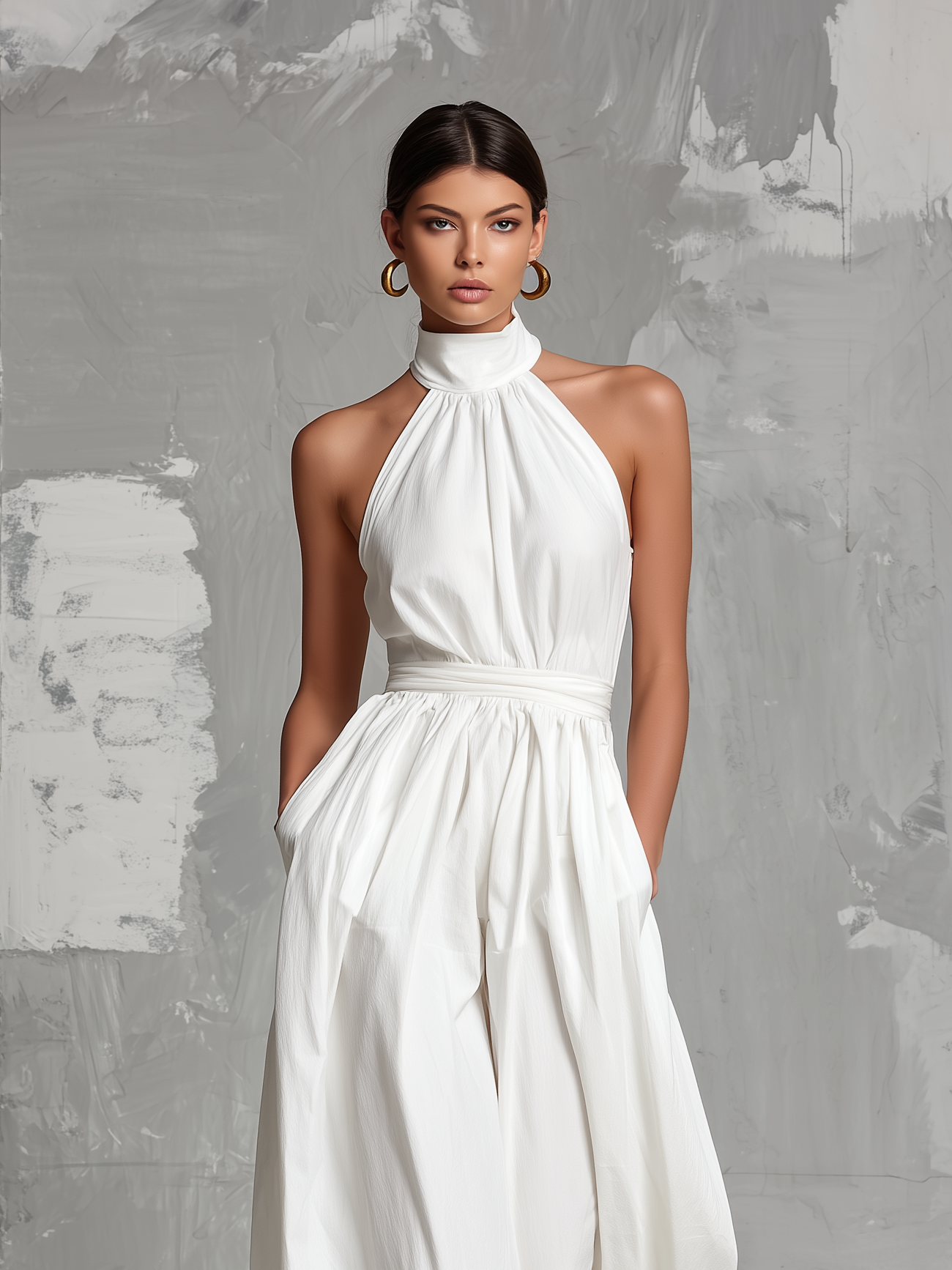 Robe d'été élégante pour femmes en blanc, avec col halter sans manches MDZ0554A3AN