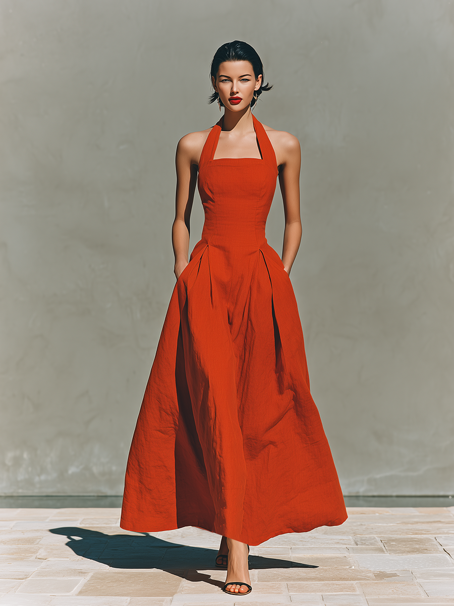 Robes maxi femmes rouges en lin avec col halter et jupe plissée, robe de vacances élégante et inspirante MDZ2016C7I