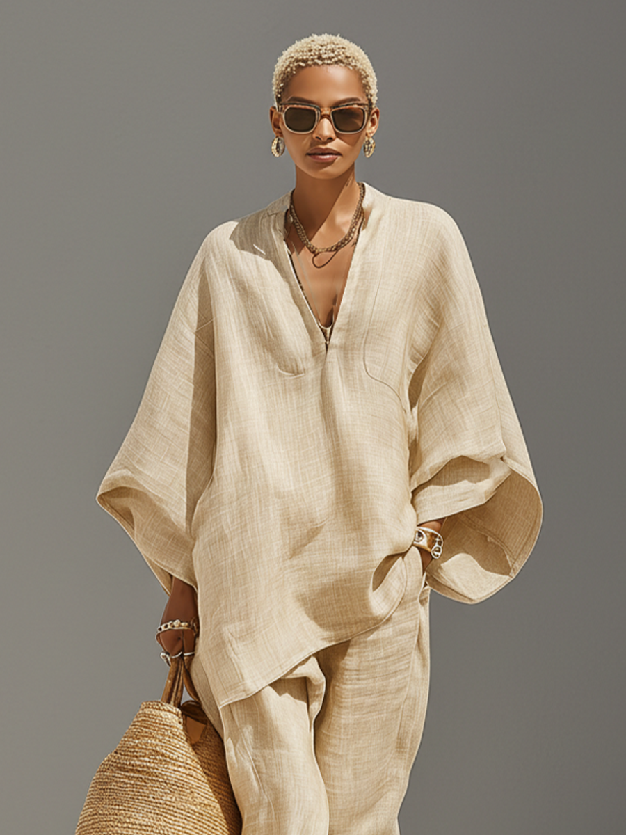 Ensemble en lin neutre pour femmes avec des bords asymétriques et un design minimaliste, style quotidien-élégant sophistiqué MDZ0501B3I