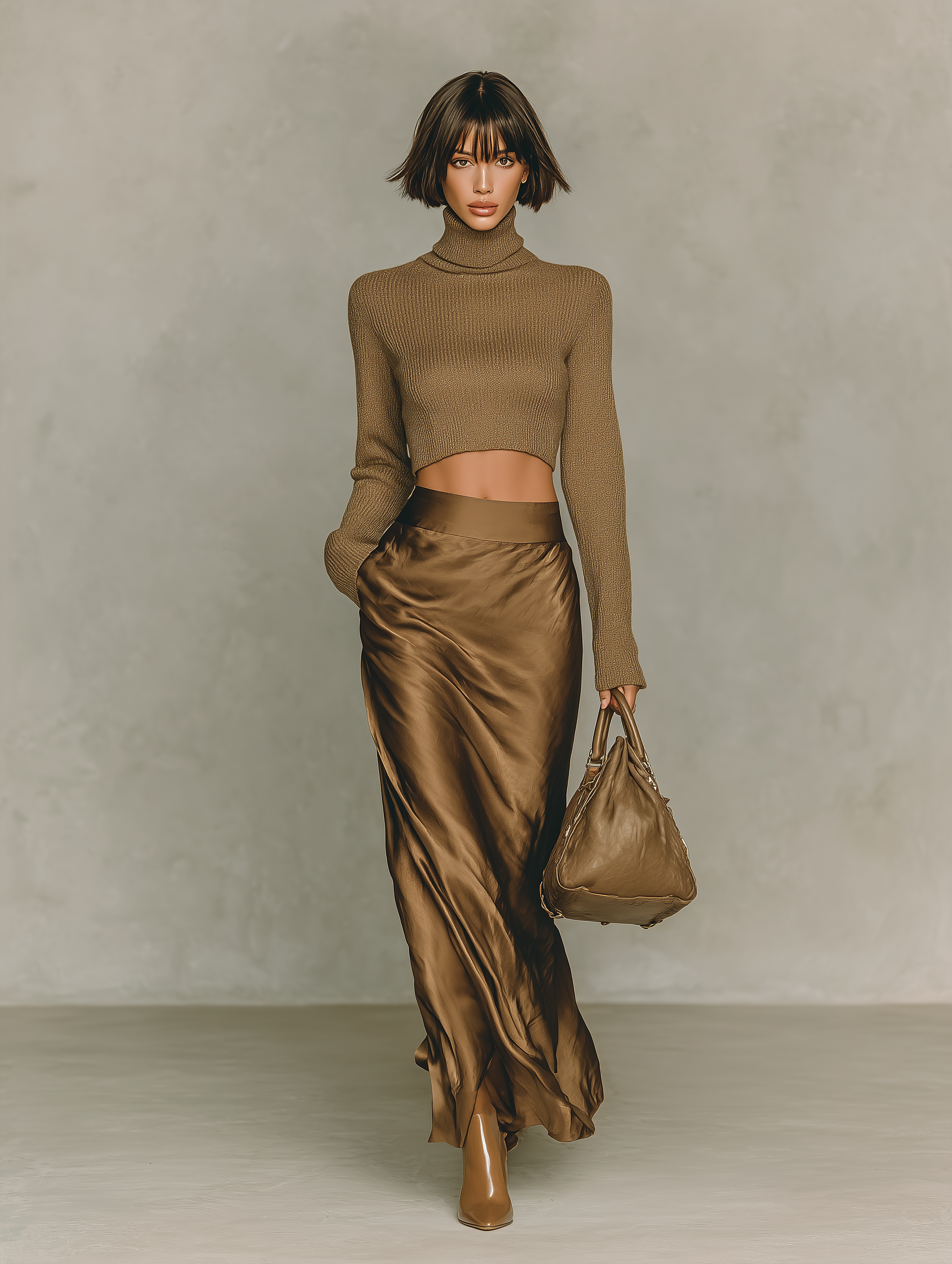 T-shirt femme tendance couleur or-brun avec col montant, manches longues, associé à une jupe midi en satin MDA0982L5AN
