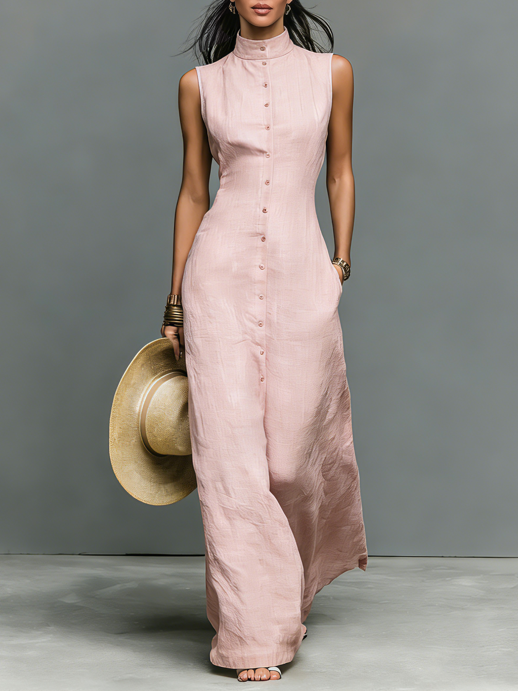 Robes maxi pour femmes au style minimaliste avec col montant et une fermeture MDZ1049C1Y