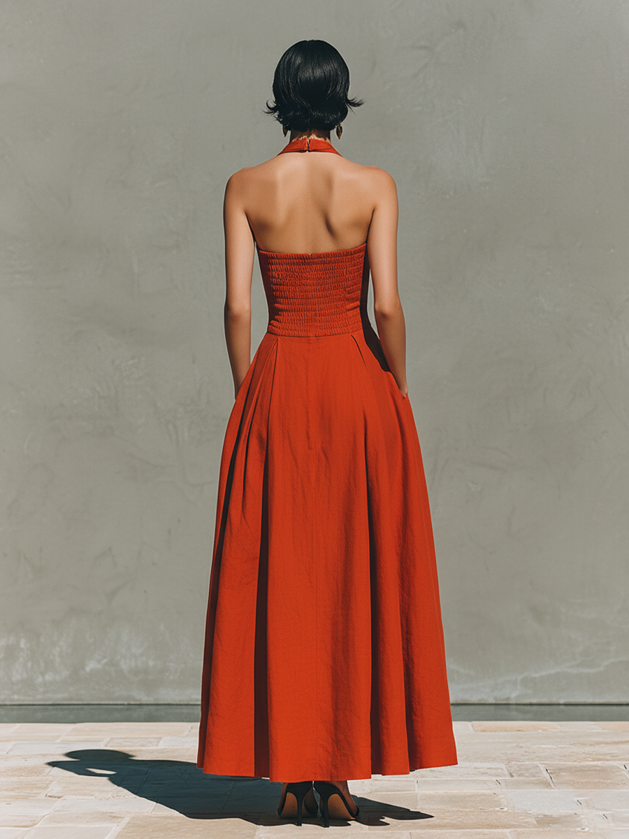 Robes maxi femmes rouges en lin avec col halter et jupe plissée, robe de vacances élégante et inspirante MDZ2016C7I