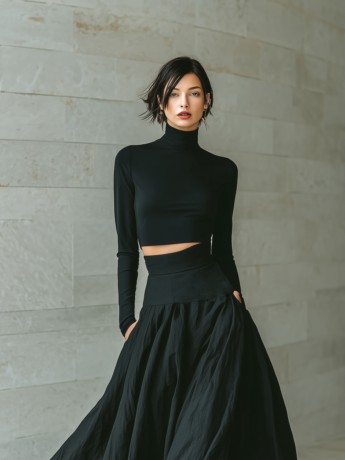 T-shirt femme élégant et tendance en noir avec col montant, manches longues, cropped, associé à une jupe longue noire MDA2692K3AN