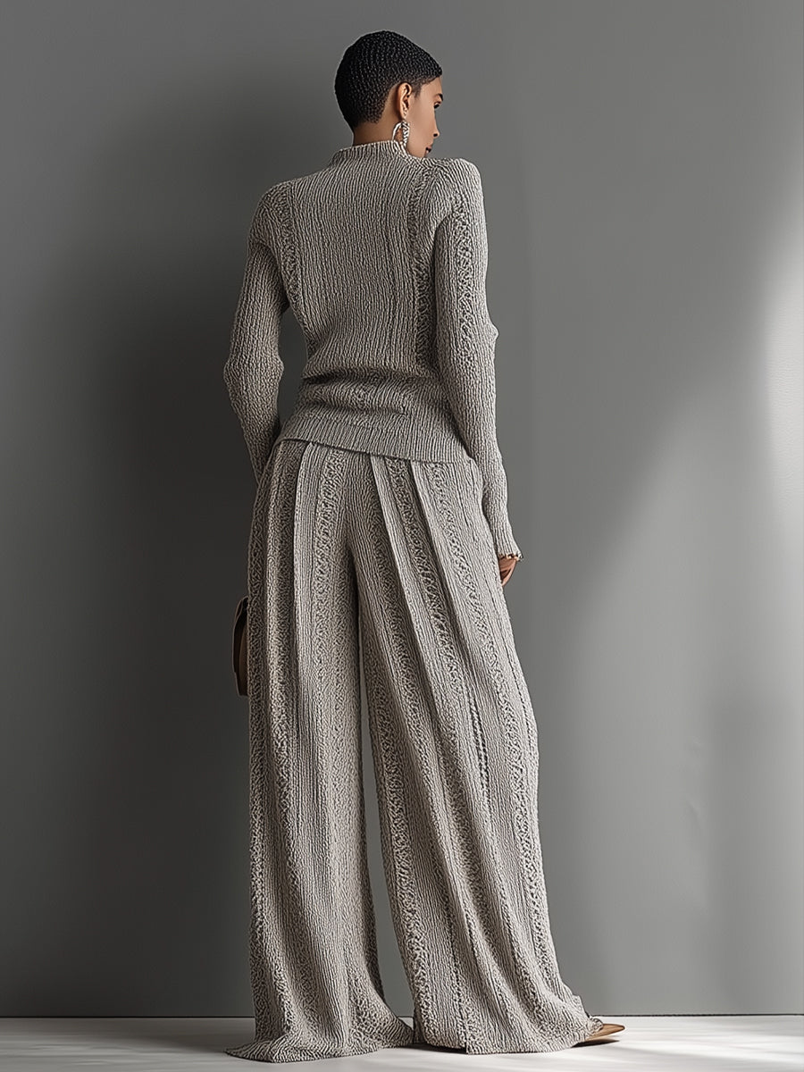 Ensemble de pull texturé élégant couleur taupe pour femmes et pantalon large - MDA1453H6I