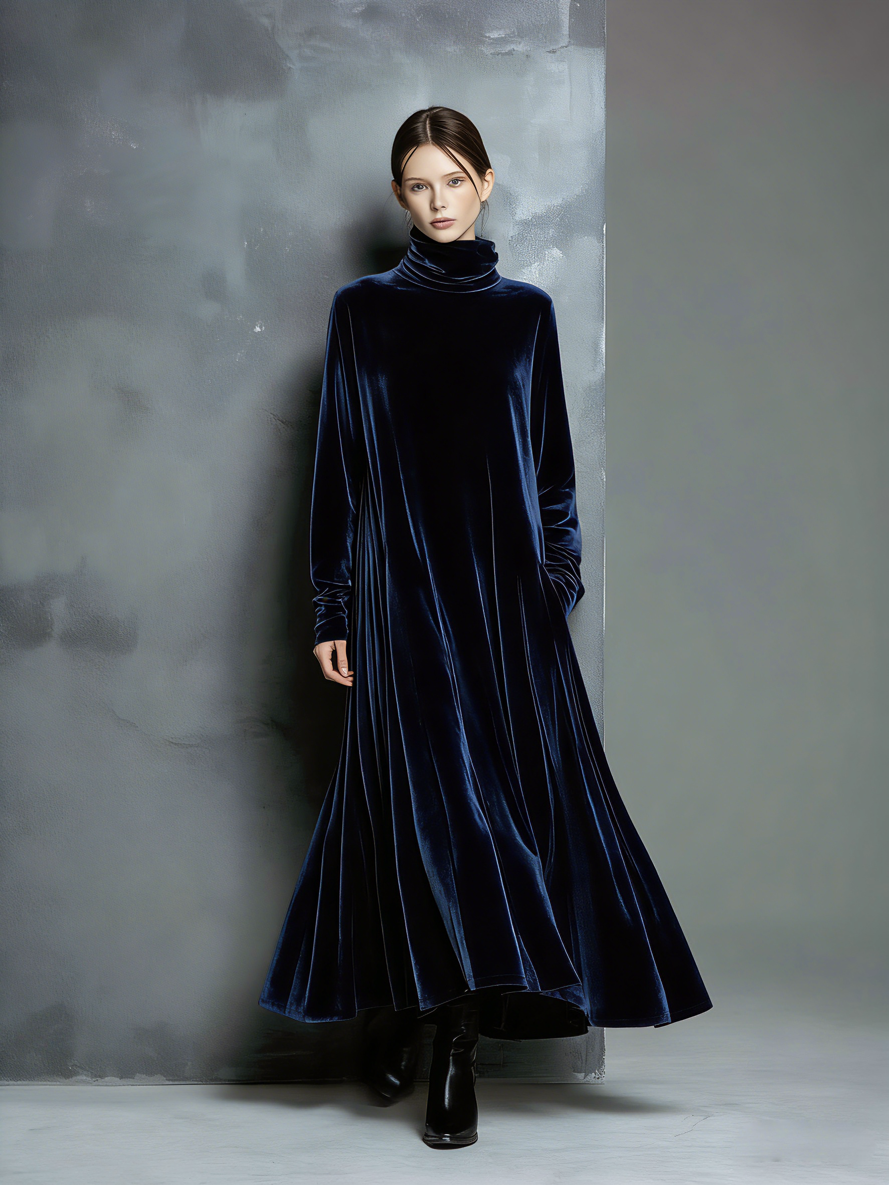 Robe maxi longue pour femmes au style élégant en bleu marine avec col haut et large MDZ1680A8AN