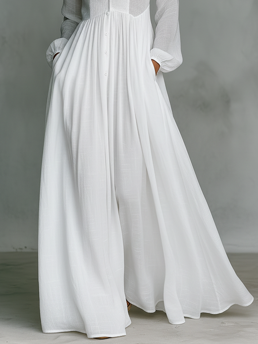 Robe maxi minimaliste pour femmes en tissu coton et blanc avec patchwork, avec un bouton, col montant et manches longues MDA0658K6Y