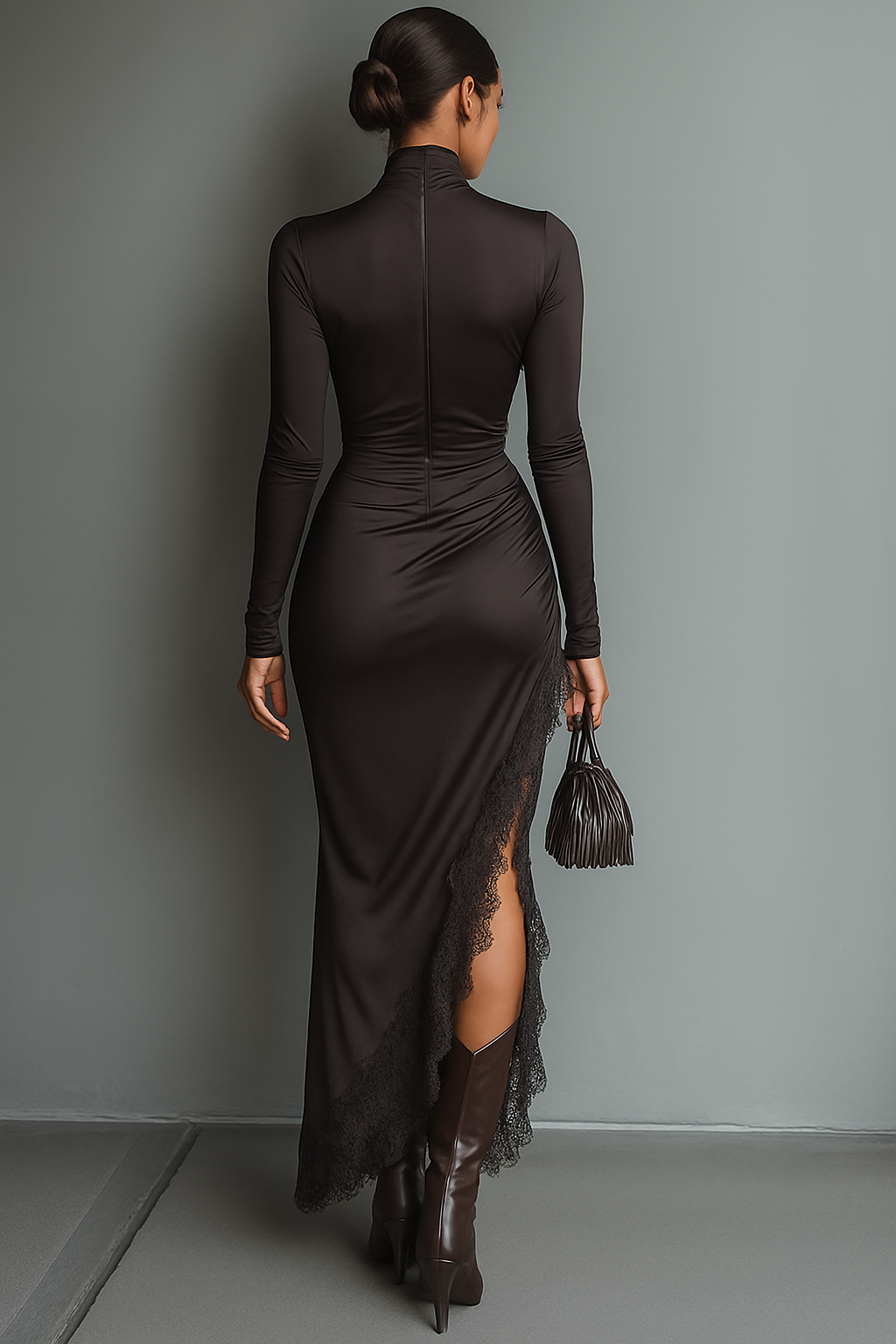 Robe maxi avec jupe asymétrique, modèle brillant, marron foncé pour femmes MDA0501H1T