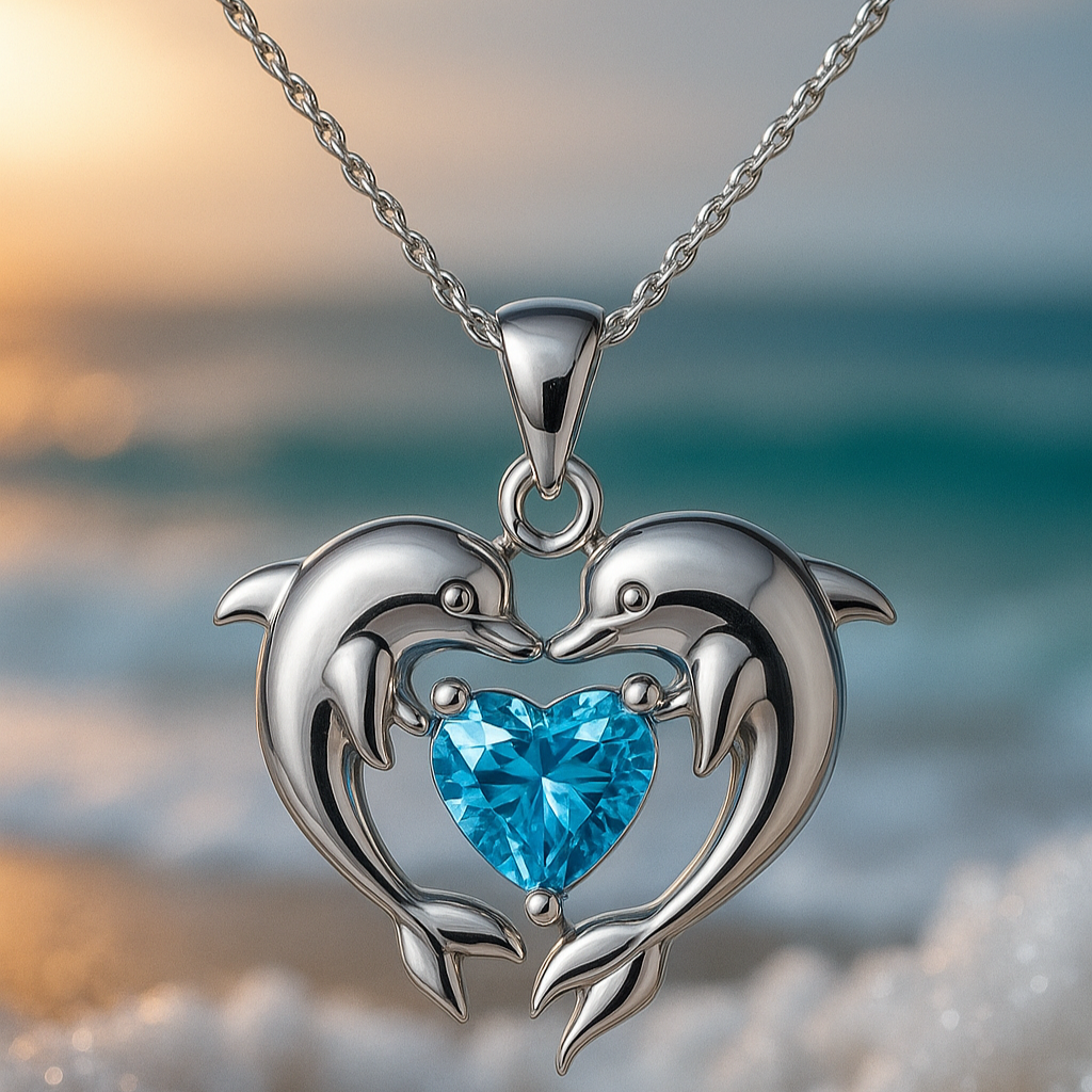Collier éternel en argent avec des dauphins doubles et de l'opale