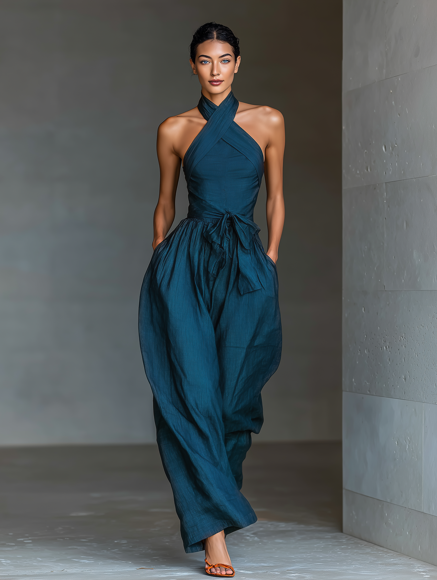 Robe d'été pour femmes en lin de couleur bleu foncé avec col croisé, taille ajustable et pantalons larges MDZ0455B5T