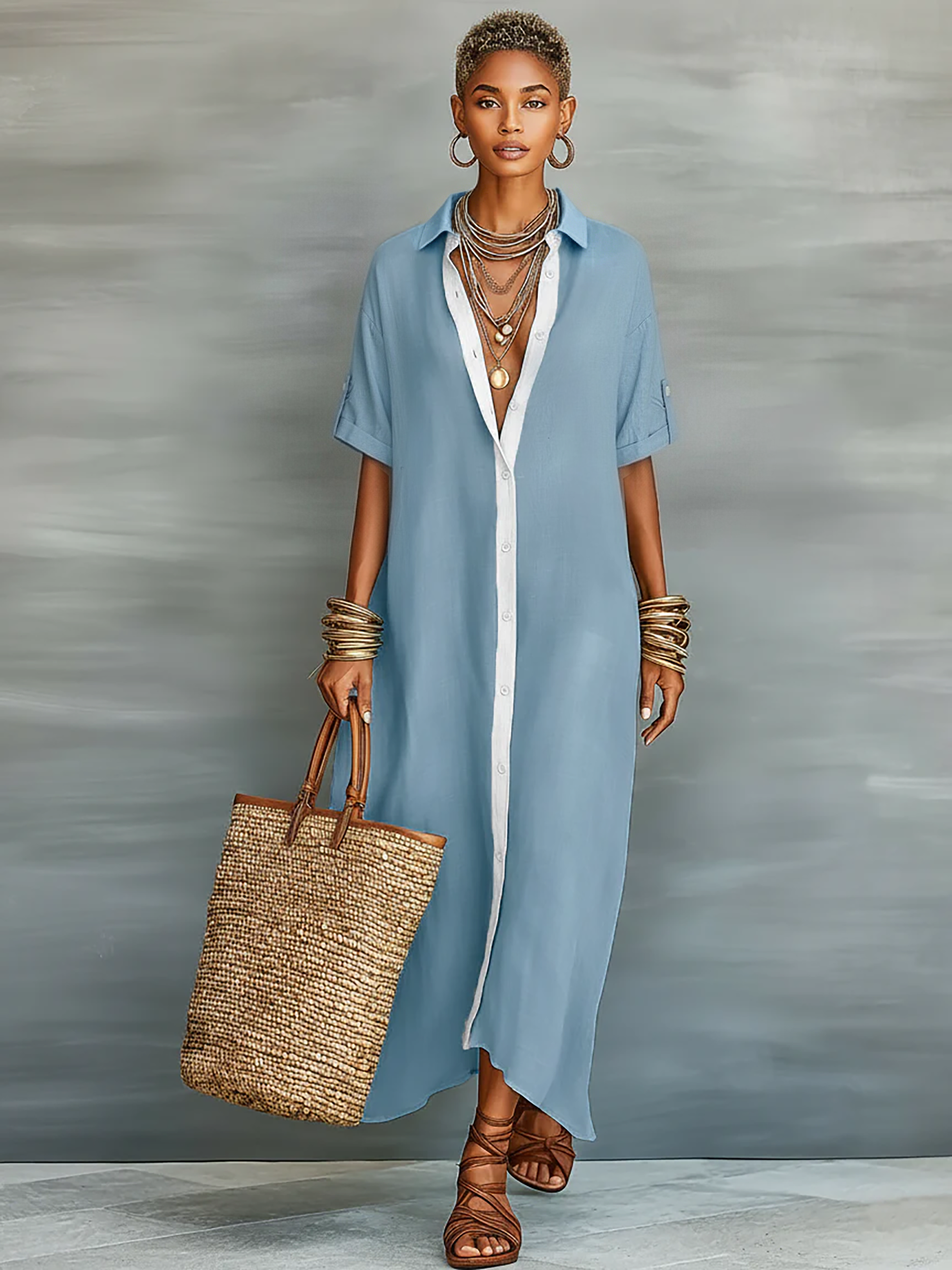 Robes maxi à manches courtes en lin conçues pour femmes