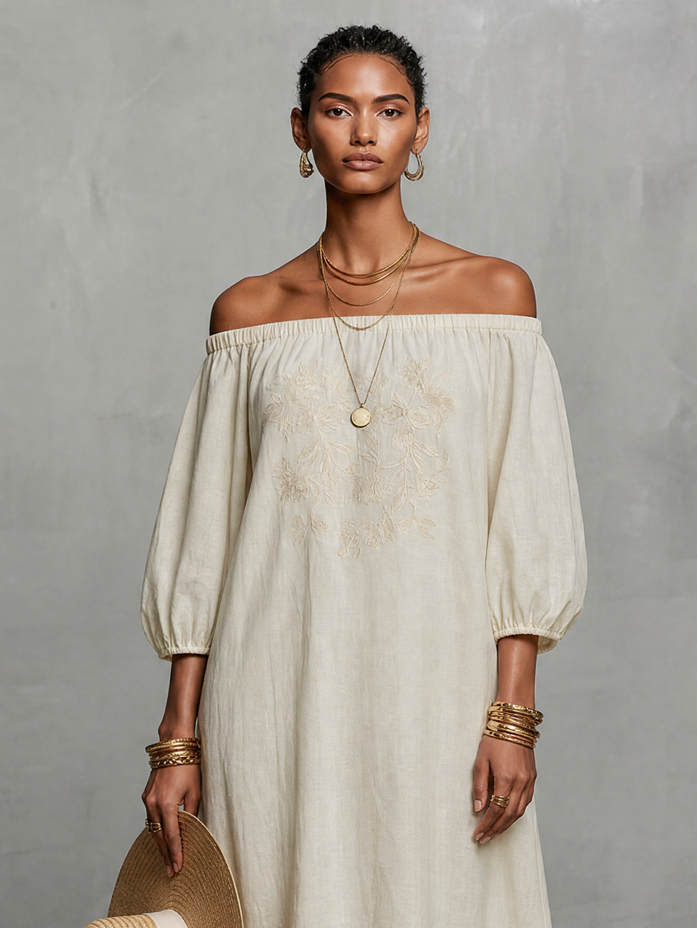 Robe maxi brodée pour femmes au look minimaliste avec des manches trois-quarts et sans bretelles MDZ3063A3Y