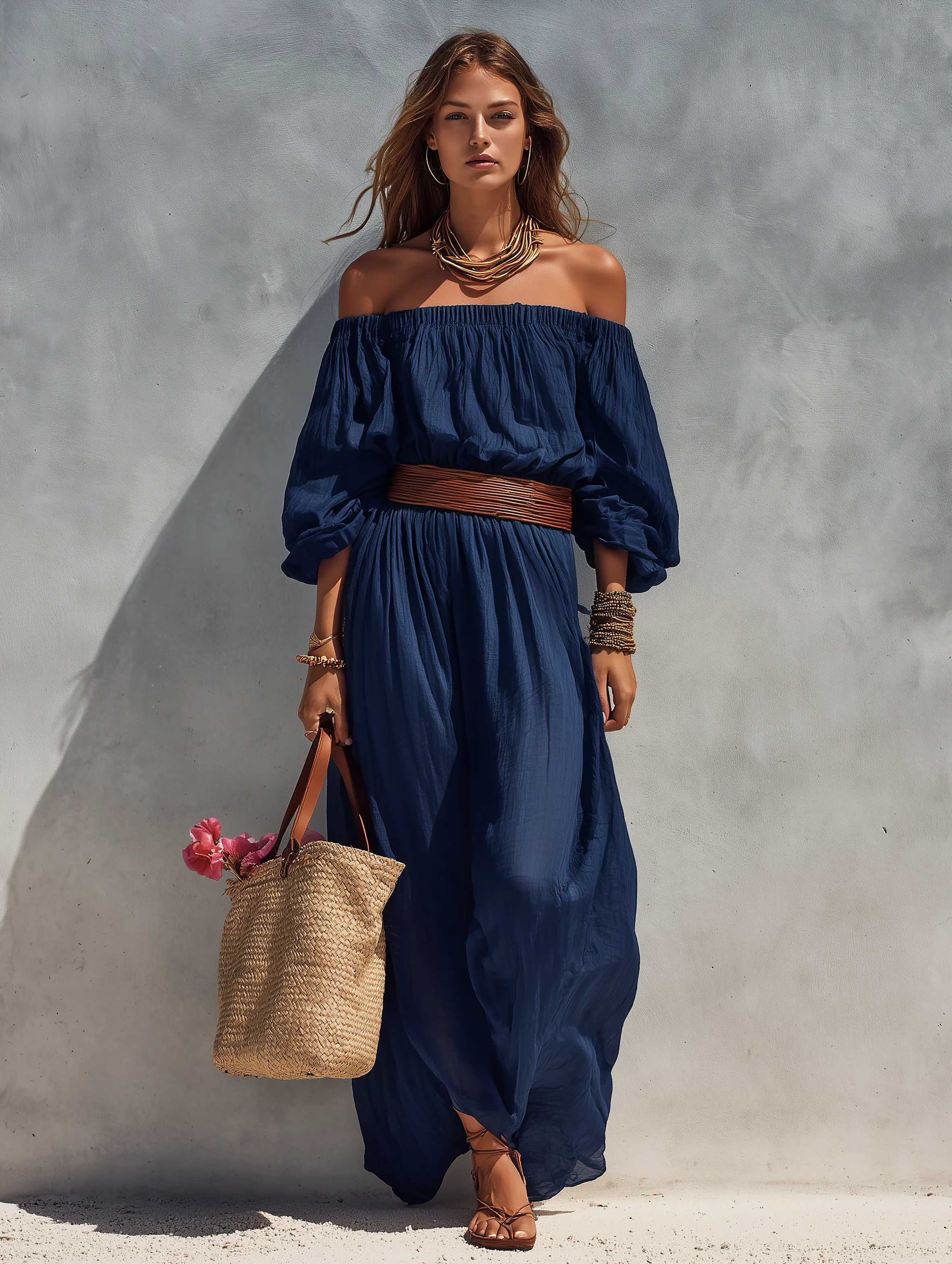 Robe d'été pour femmes en bleu marine en coton et lin sans bretelles avec manches longues (ceinture non incluse) MDZ1281C1AN