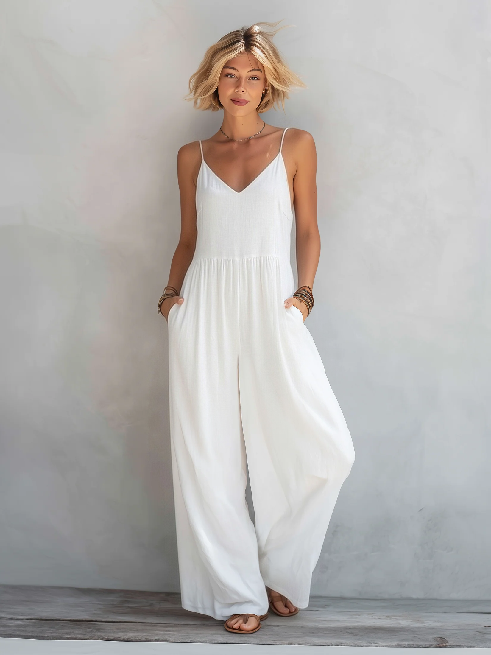 Body d'été pour femmes en couleur blanche en coton et lin MDZ0246C9AN