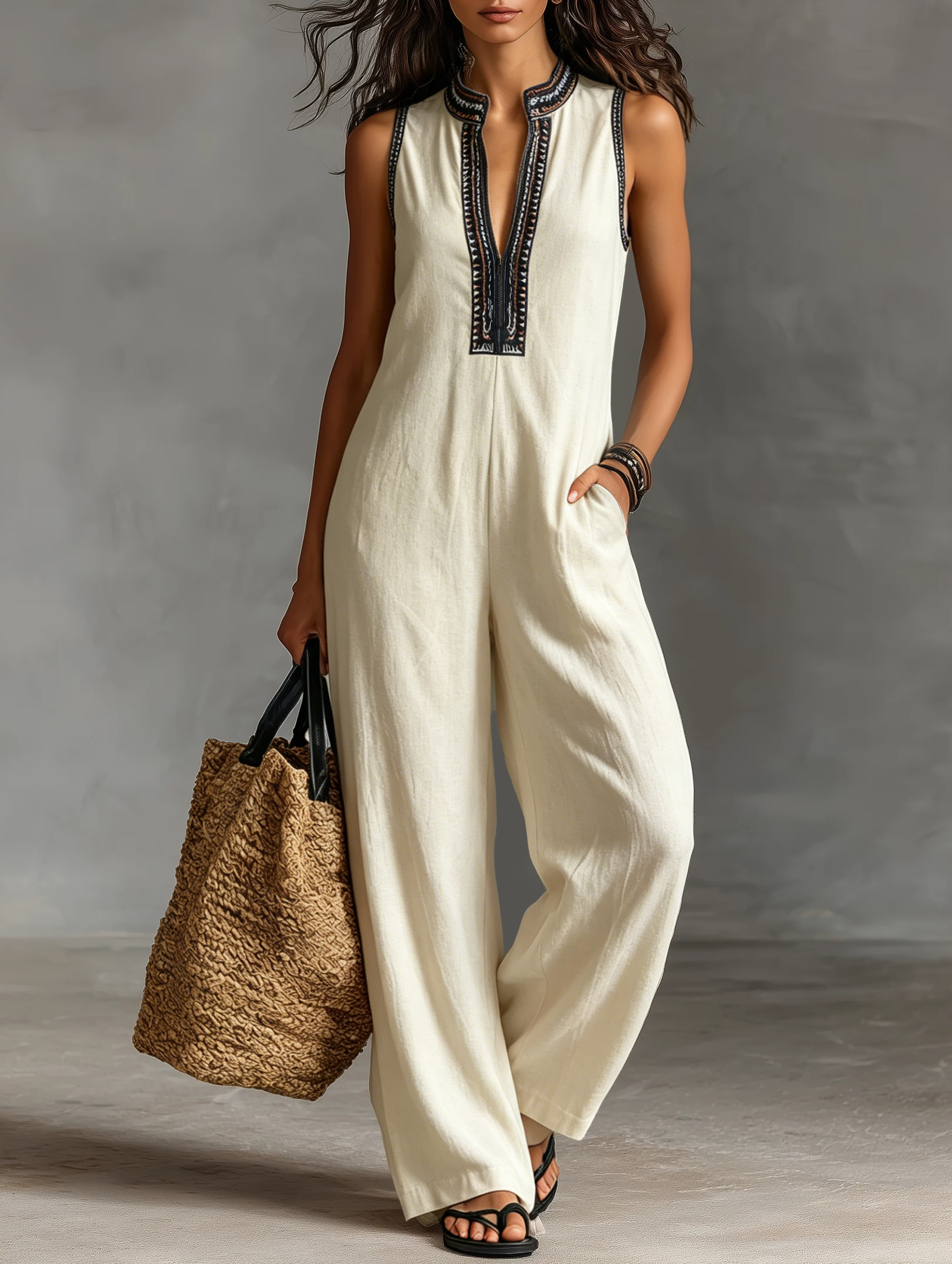 Ensemble en lin minimaliste pour femmes sans manches avec fermeture éclair et col résistant, avec broderie MDZ0627B3Y