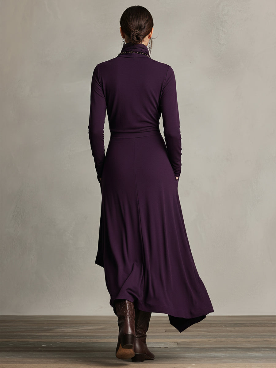 Robe maxi en velours violet pour femmes avec col montant, asymétrique et stylée MDA2055J9I