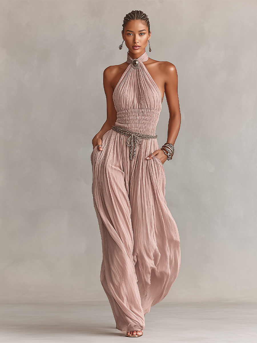 Body pour femmes en couleur blush avec col montant et taille froncée, style romantique-élegant intemporel (sans ceinture) MDZ1133B7I