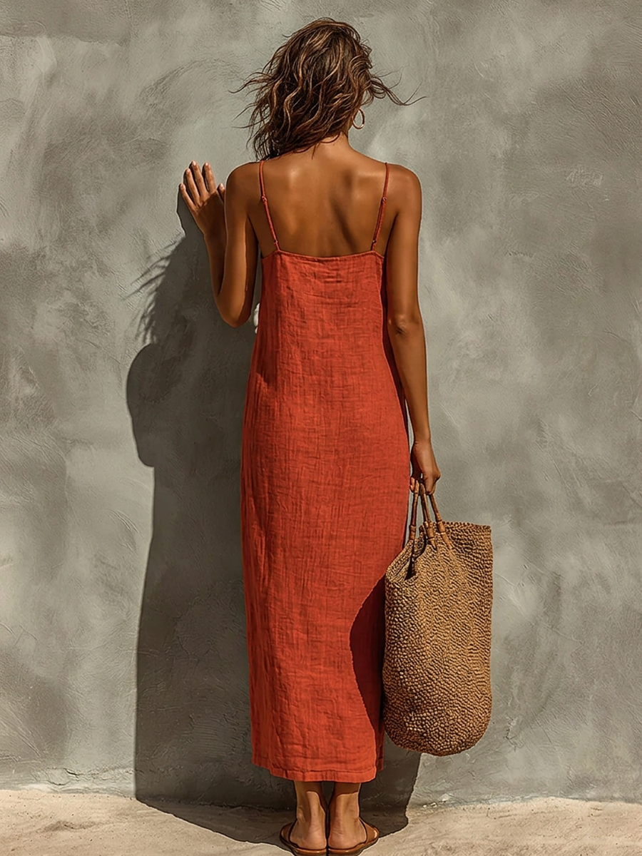 Robe en coton rouge pour femmes avec bretelles spaghetti et col carré, robe boho-resort intemporelle MDZ0924C3I