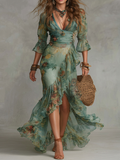Robes maxi en chiffon vert herbe avec des zips irréguliers et une coupe