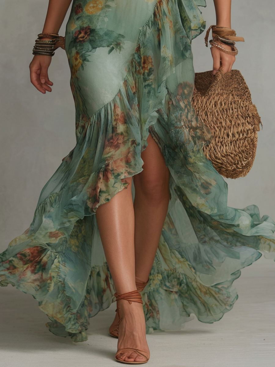 Robes maxi en chiffon vert herbe avec des zips irréguliers et une coupe
