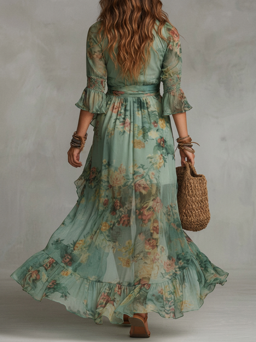 Robes maxi en chiffon vert herbe avec des zips irréguliers et une coupe