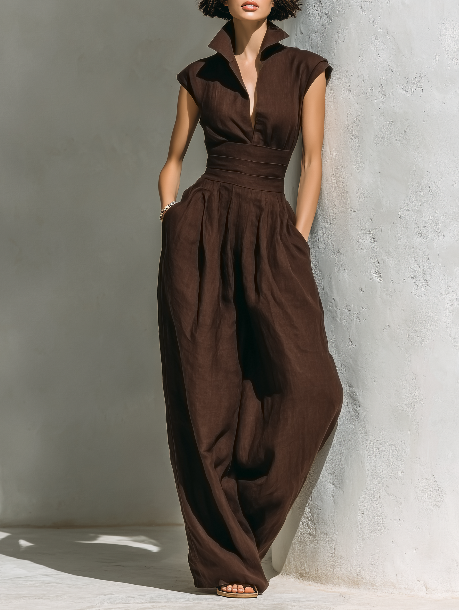 Combinaison en lin minimaliste pour femmes avec manches courtes et jambes larges MDZ0863A5Y