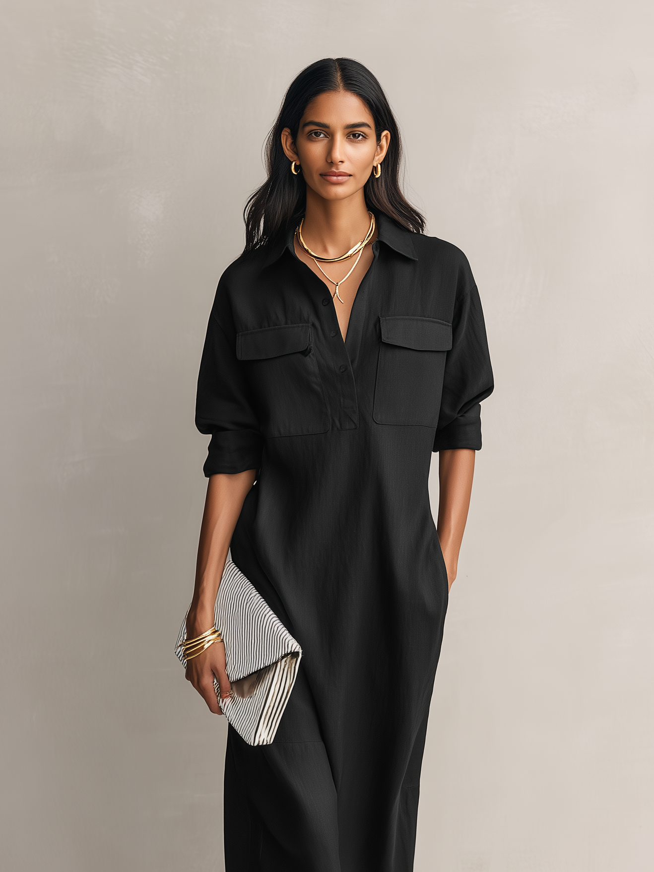 Robe midi courte à manches courtes de couleur noire, en mélange coton-lin, avec col chemise pour femmes MDZ0455C2AN