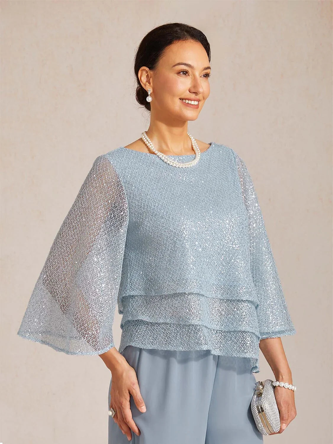 Top en tulle à plusieurs couches avec paillettes et manches en forme de cloche