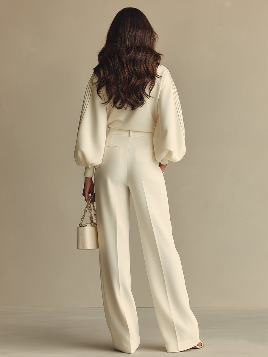 Ensemble texturé couleur ivoire pour femmes avec col rond froissé et pantalon taille haute, ensemble moderne et raffiné MDA2231L6I