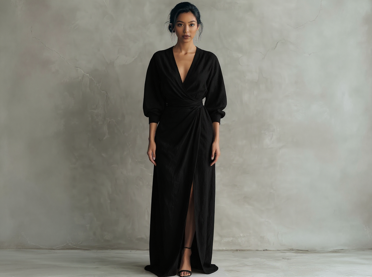Robes longues minimalistes roses avec décolleté en V en mélange de lin pour femmes