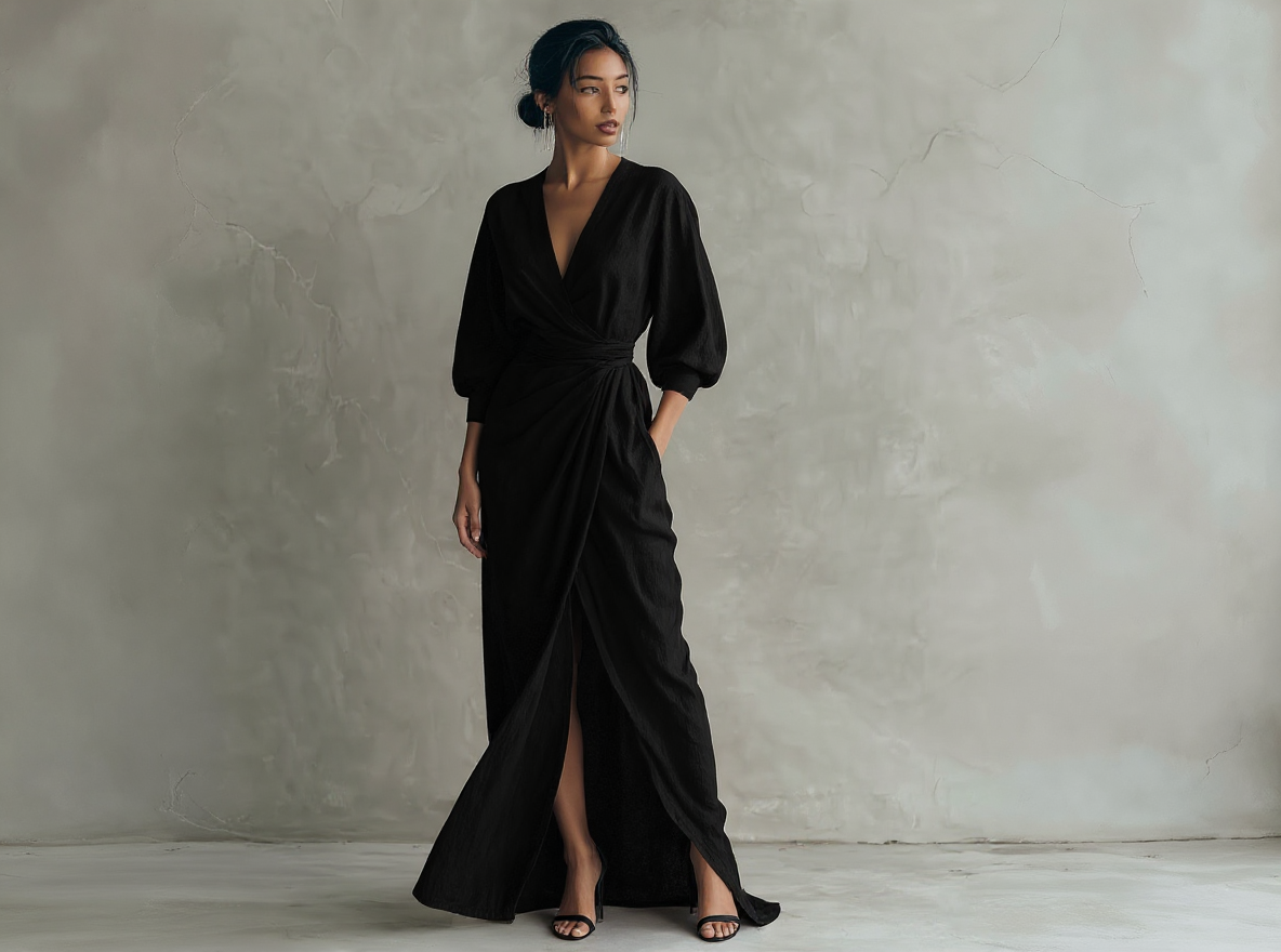 Robe longue minimaliste rose avec col en V en lin pour femmes