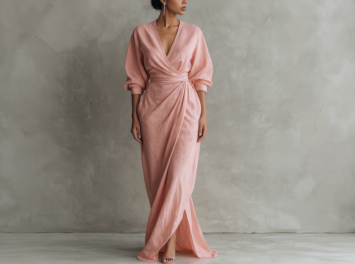 Robe longue minimaliste rose avec col en V en lin pour femmes