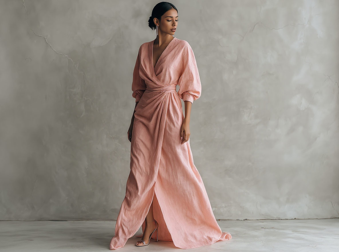 Robes longues minimalistes roses avec décolleté en V en mélange de lin pour femmes