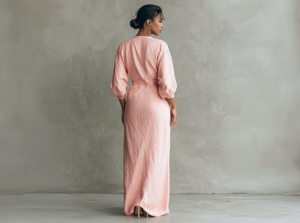 Robes longues minimalistes roses avec décolleté en V en mélange de lin pour femmes