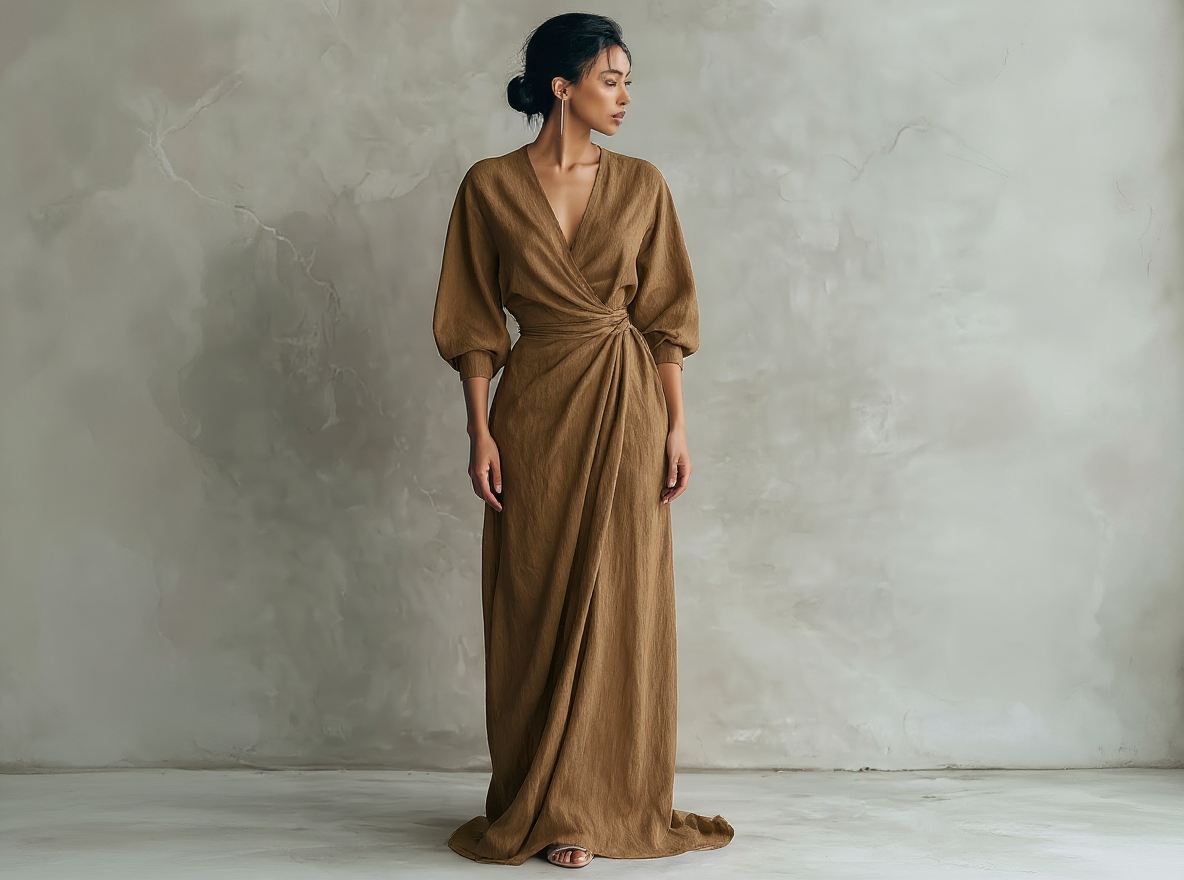 Robes longues minimalistes roses avec décolleté en V en mélange de lin pour femmes