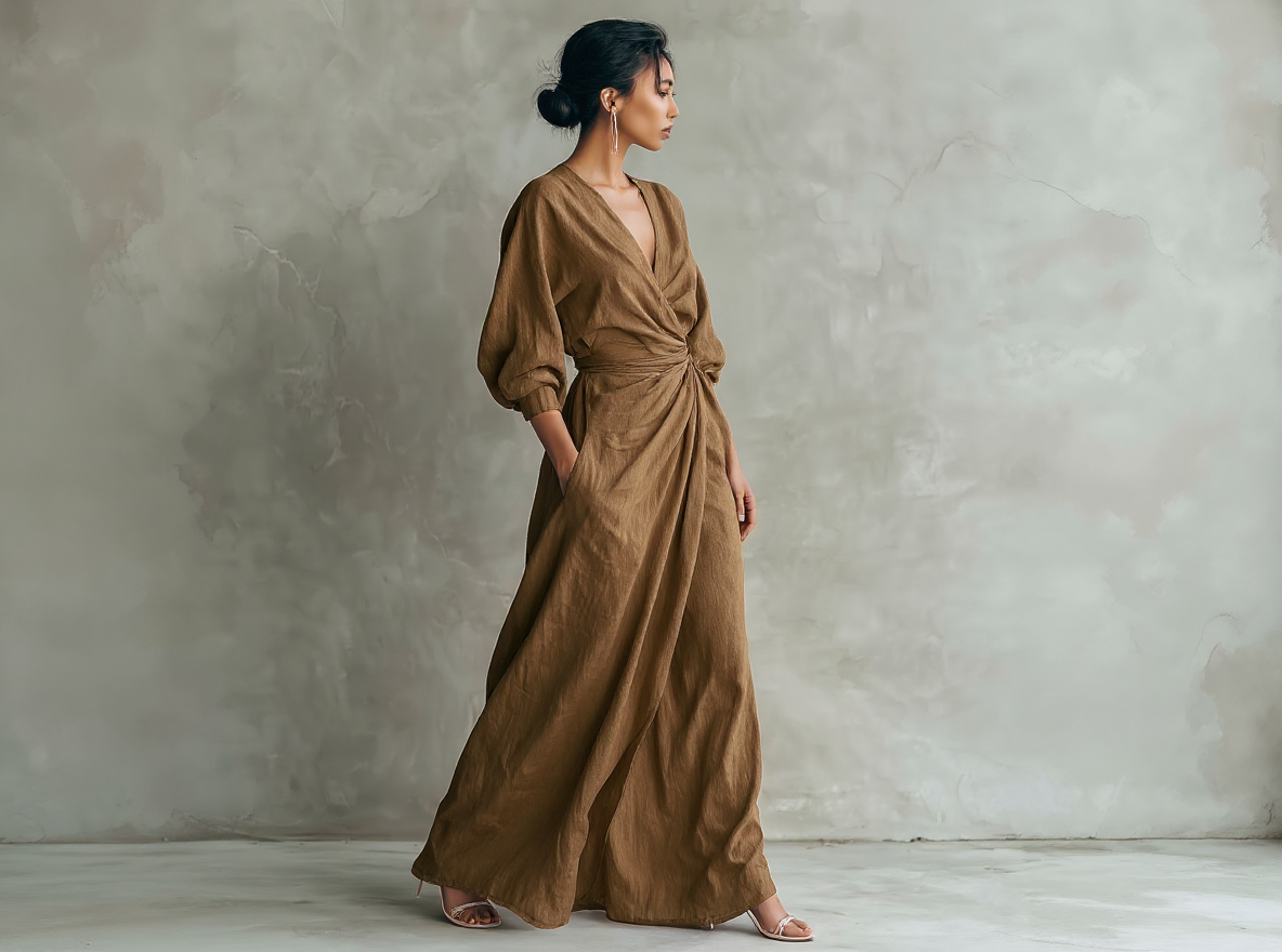 Robe longue minimaliste rose avec col en V en lin pour femmes