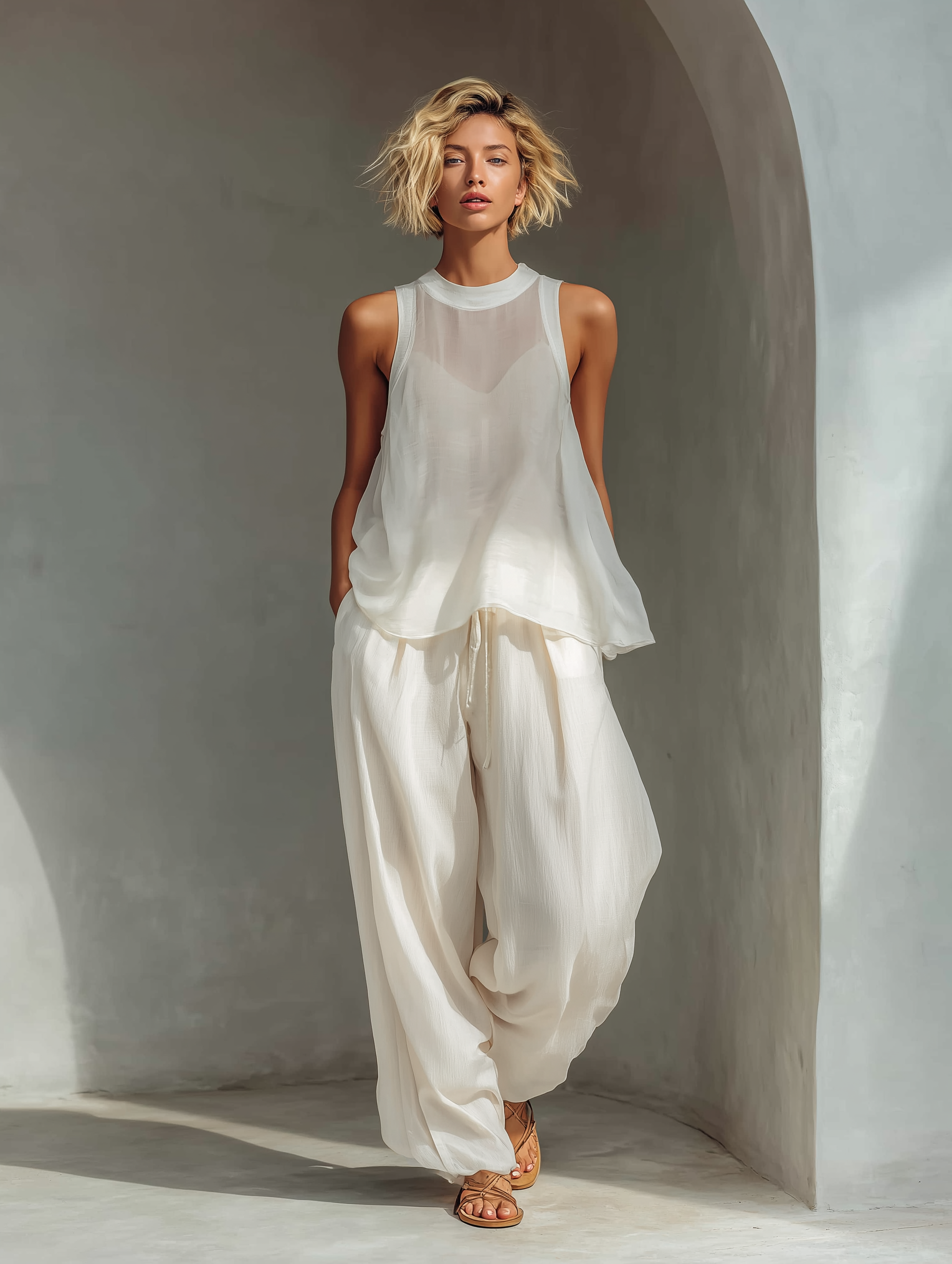 Ensemble deux pièces pour femmes en couleur crème avec un top sans manches en soie transparente et une jupe ample en tissu de coton et lin MDZ1039C4T