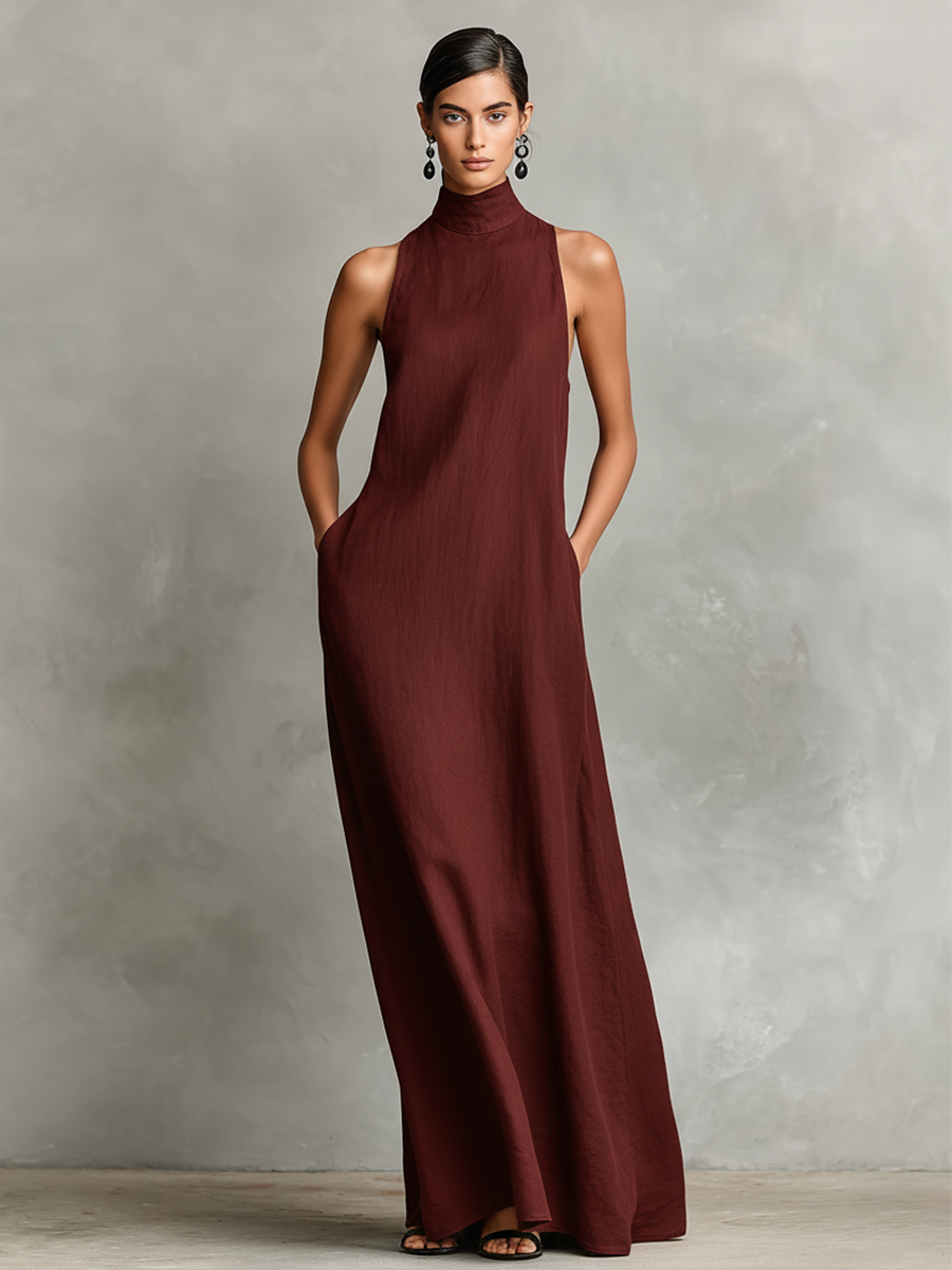 Robe maxi pour femmes en noir avec col haut et poches latérales, robe minimaliste classique MDZ2597D7LYL
