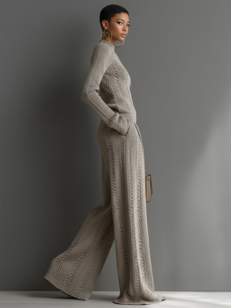 Ensemble de pull texturé élégant couleur taupe pour femmes et pantalon large - MDA1453H6I