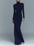 Robe maxi pour femmes en couleur marine, élégante en polyester-coton avec col montant MDA1742J1I