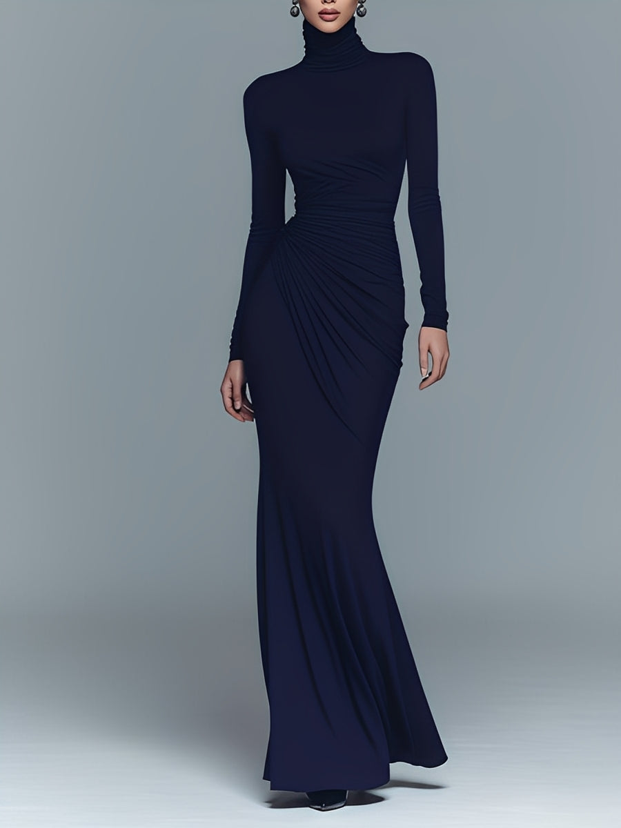 Robe maxi pour femmes en couleur marine, élégante en polyester-coton avec col montant MDA1742J1I