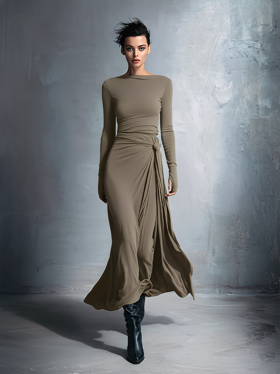 Robe maxi femme grise raffinée en tissu stretch - Robe maxi avec nœud MDA1401H9I
