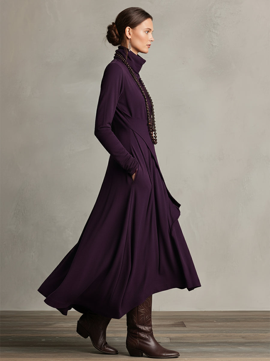 Robe maxi en velours violet pour femmes avec col montant, asymétrique et stylée MDA2055J9I