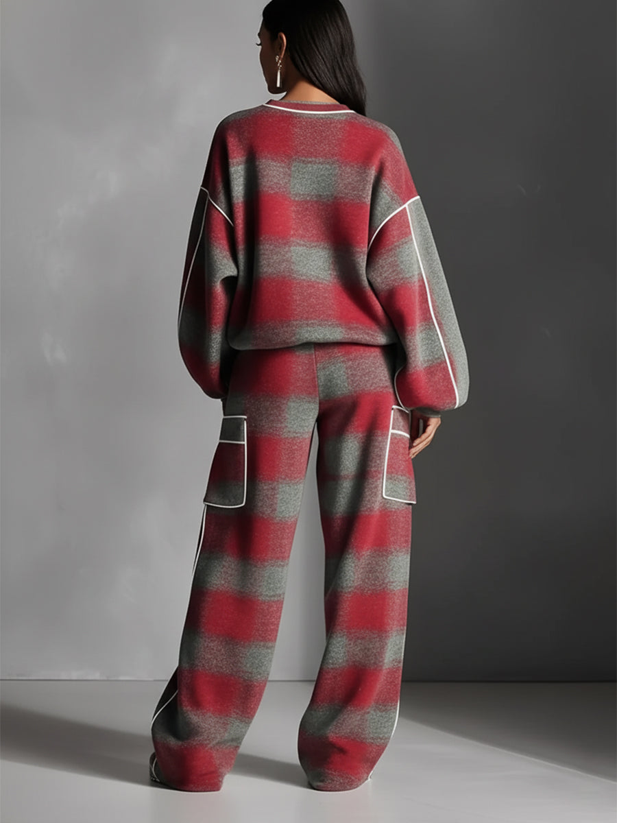 Ensemble de pantalons avec passepoil coloré style urbain pour femmes, en rouge et gris avec du lin MDA1065K4I