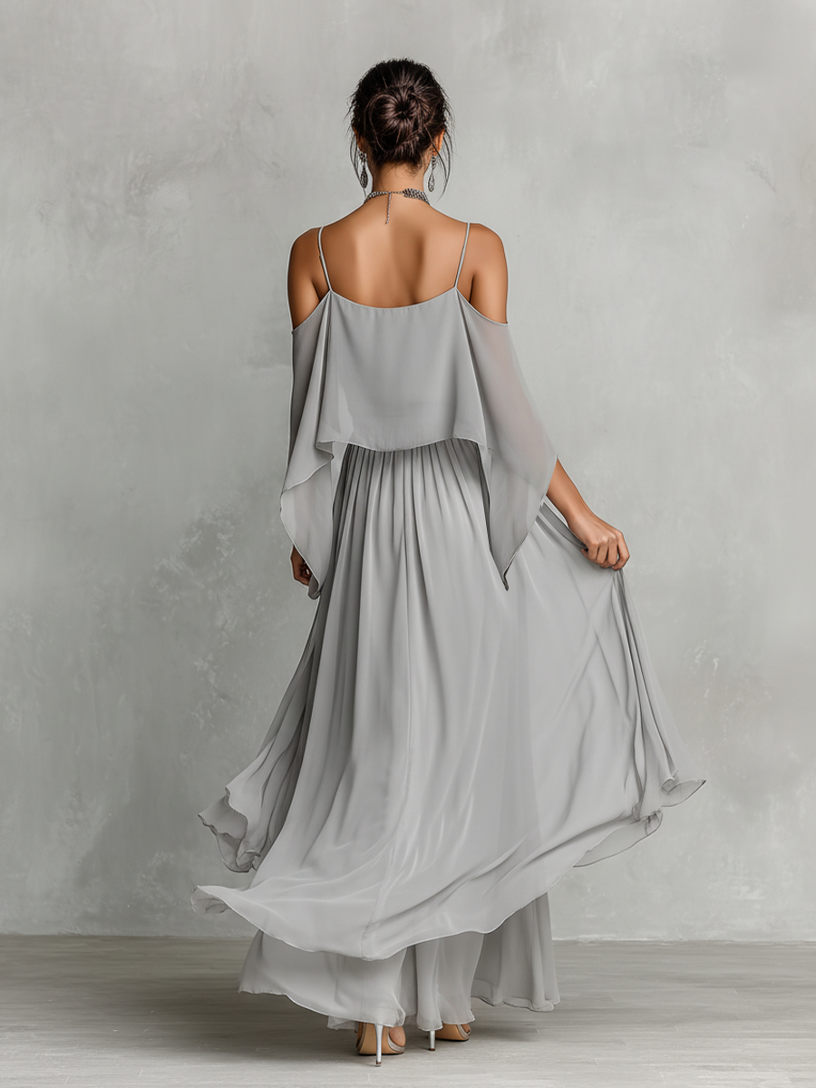 Ensemble en chiffon gris pour femmes avec détails d'épaule dénudée et silhouette évasée, ensemble de style féminin-moderne luxueux MDZ2651B6I
