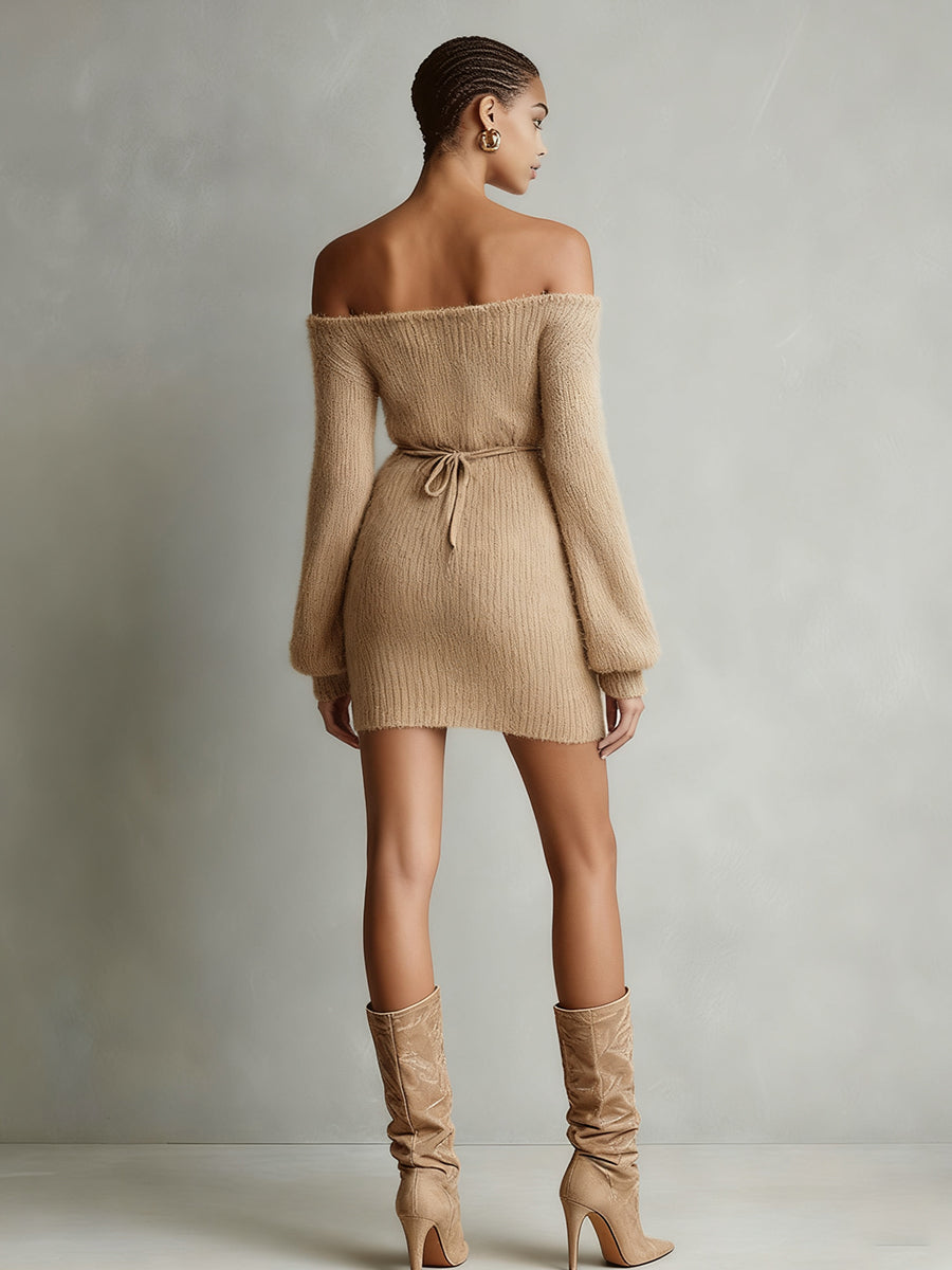 Robe mini femme camel élégante avec manches ouvertes et ceinture MDA0419I2I