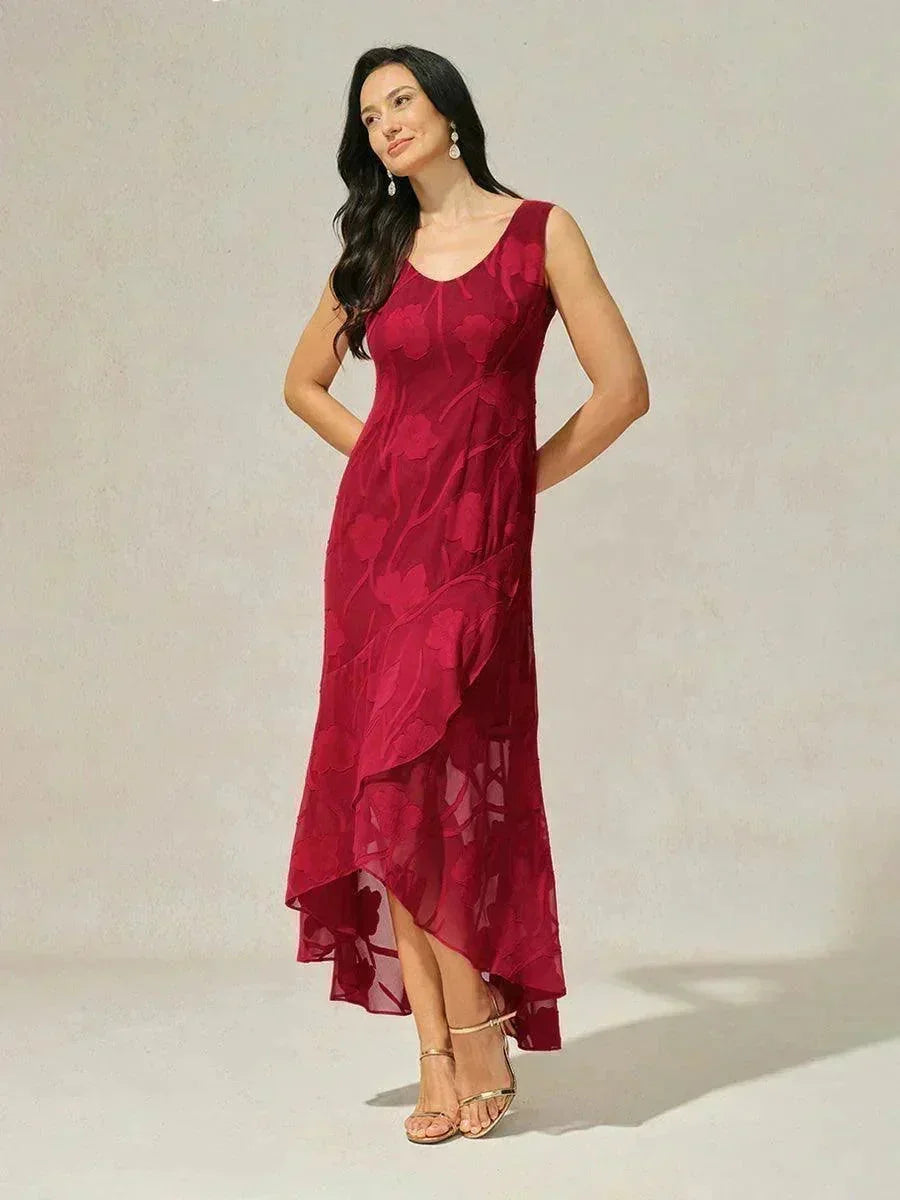 Robes de soirée sans manches en soie florale avec des ourlets asymétriques